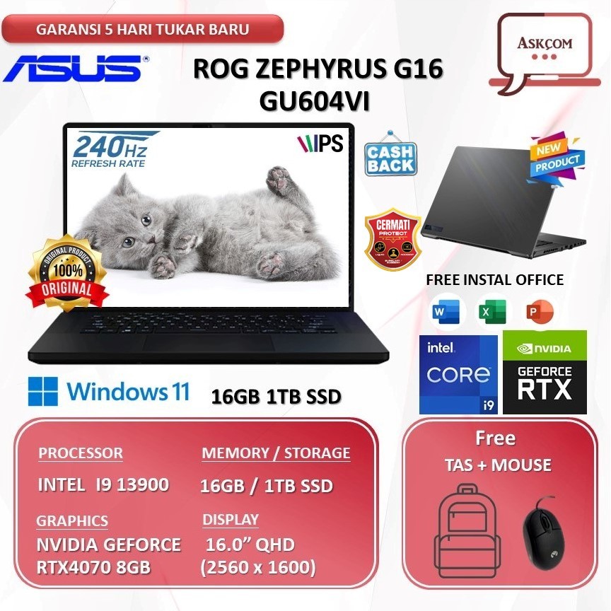 Laptop Gaming Asus Rog  Zephyrus M16 GU604VI I9 13900 RTX4070 8GB 32GB 1TB SSD W11 16.0QHD IPS 240HZ