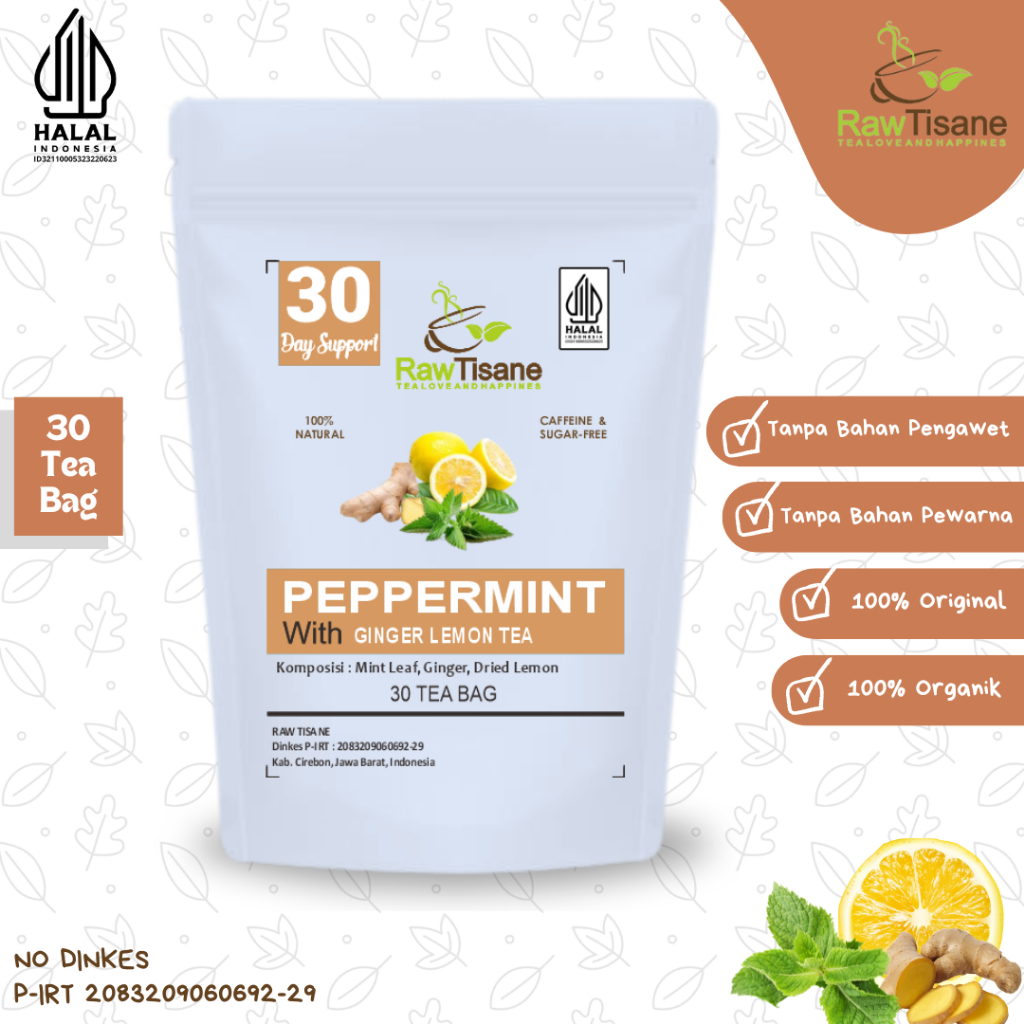 

RAW TISANE Peppermint Ginger Lemon Tea : Teh Celup Daun Mint, Jahe & Lemon Isi 30 Tea Bag