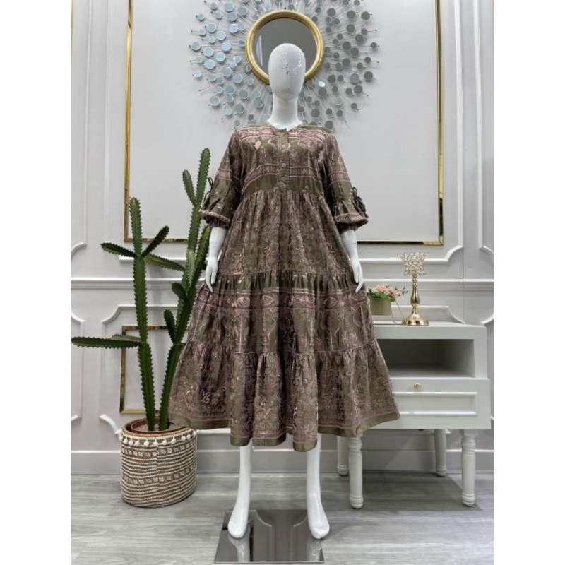 Midi dres sutra bordir salvina ys original terbaru.