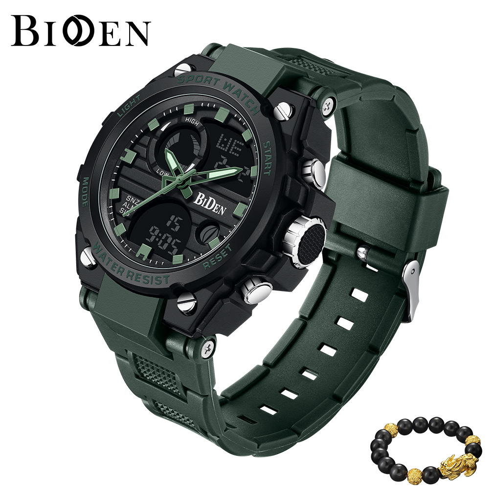 BIDEN Jam Tangan Pria Olahraga Militer Anti Air Luminous Analog&Digital Tali Silikon Multifungsi Jam Tangan Cowok Original-Green