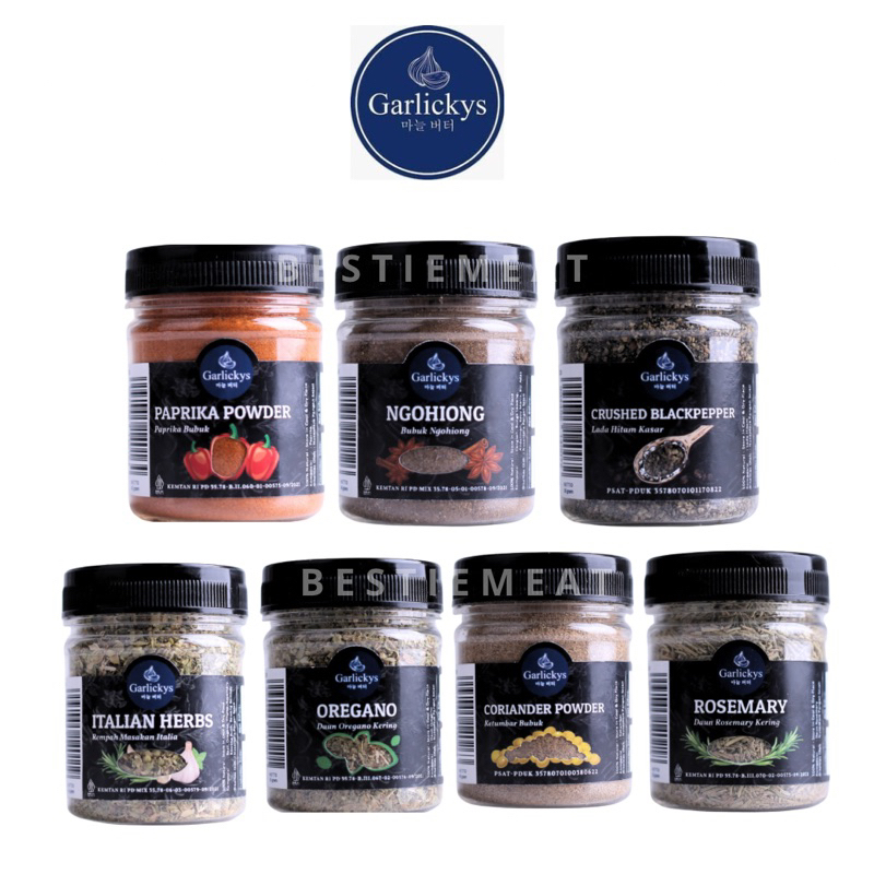 

Garlickys Rempah Bubuk Oregano/ Rosemary/ Ngohiong/ Coriander/ Italian Herbs/ Paprika/ Crushed Blackpaper
