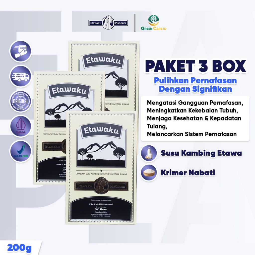 

ETAWAKU PLATINUM (PAKET 3 BOX) - SUSU ETAWA ATASI NYERI SENDI, NYERI TULANG, BATUK & SESAK NAFAS