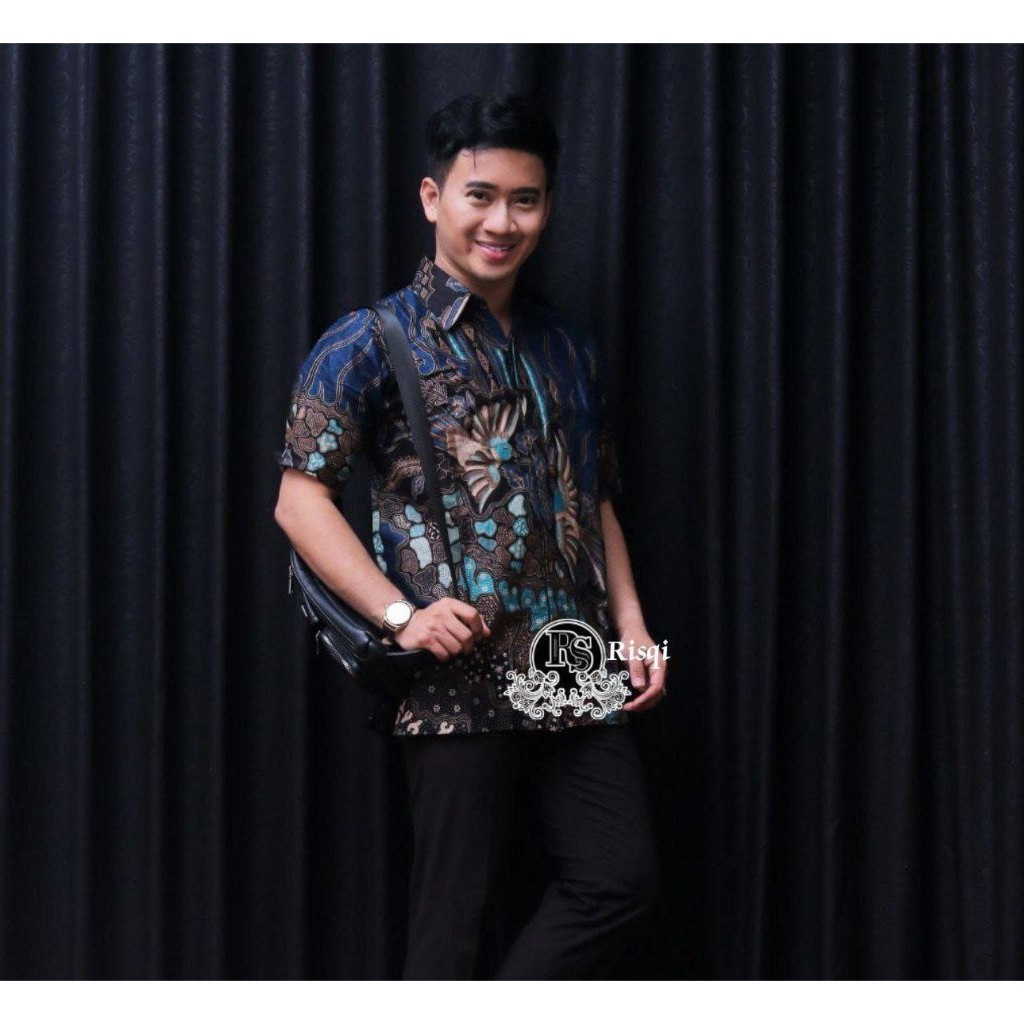 Hem Batik Pria - Motif Prabu Wijaya Biru - Warna Hitam Biru