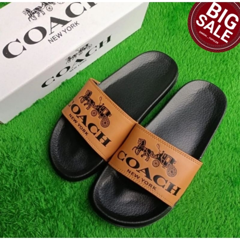 Sandal Pria COACH New York Black Brown Original Sandal Slide/Sandal Ukuran JUMBO