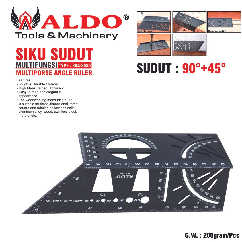 SIKU SUDUT MULTIFUNGSI SUDUT 90 DERAJAT + 45 DERAJAT SKA-2055 / SIKU TUKANG / PENGGARIS POLA / MULTI