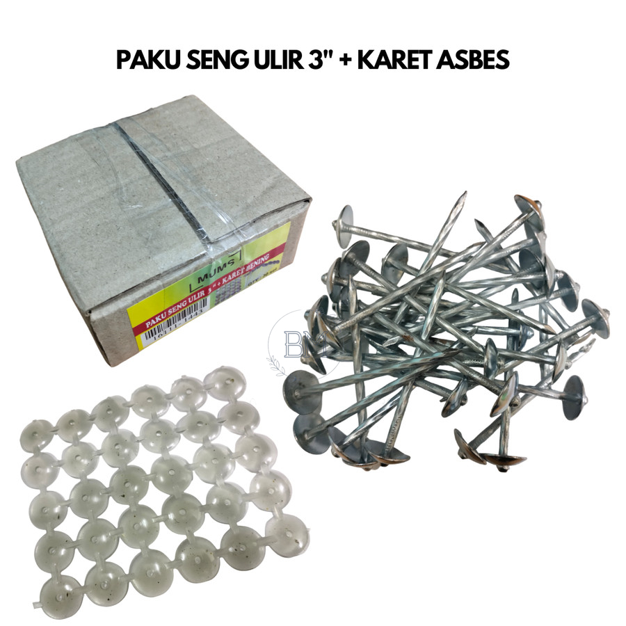 Paket Per 30 Pcs Paku Seng Ulir 3" Inch 7.5cm MUMS + Karet Asbes Bening Transparan / Karet Seng Seal
