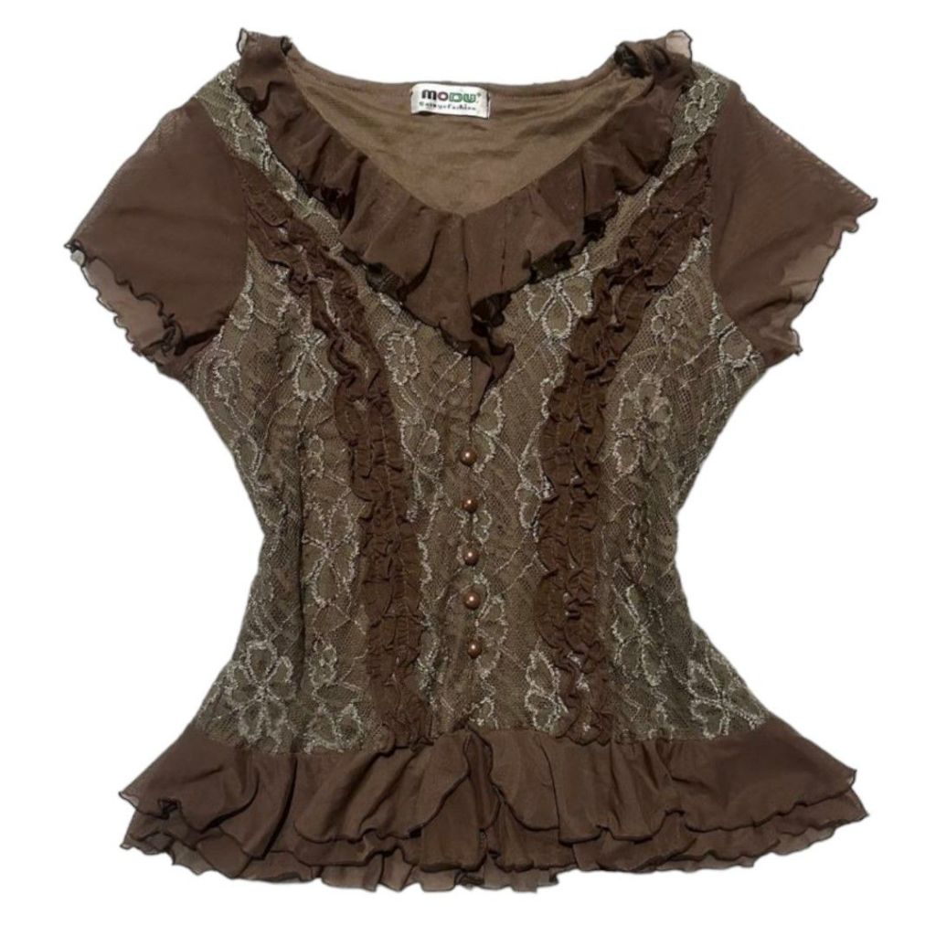 Lace Ruffled Milkmaid V Neck Top | Buttoned fairycore bohemian boho coklat brown rampel renda tile b
