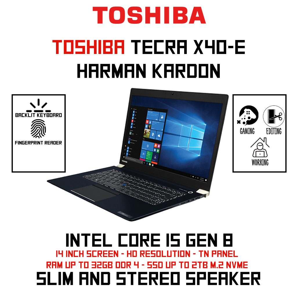 LAPTOP SECOND TOSHIBA TECRA X40-E HARMAN KARDON CORE I5 GEN 8 RAM 32GB SSD 1TB