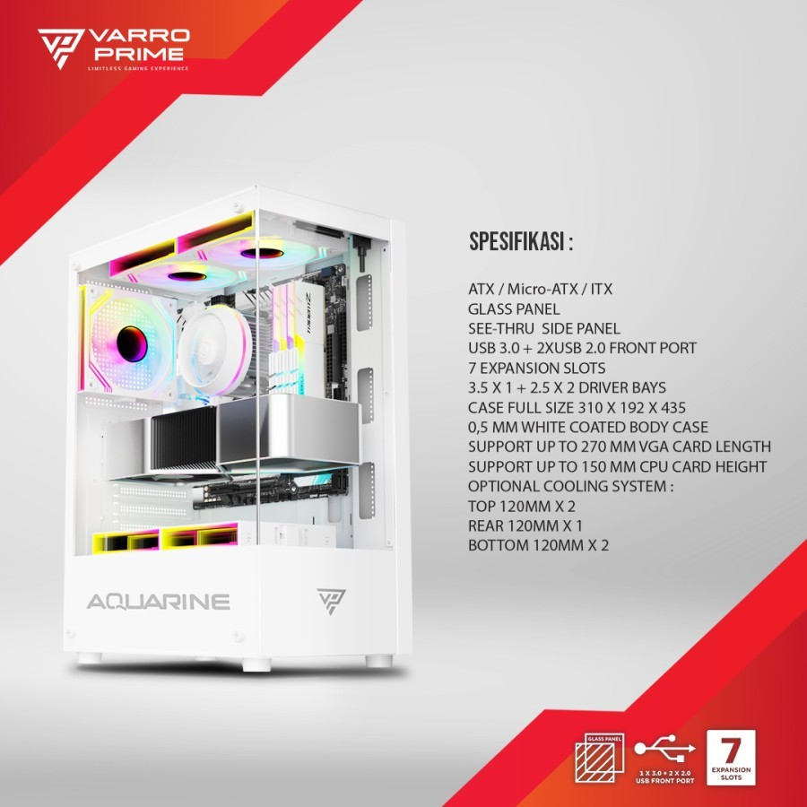 Casing Gaming Transparan Varro PRIME AQUARINE WHITE ATX