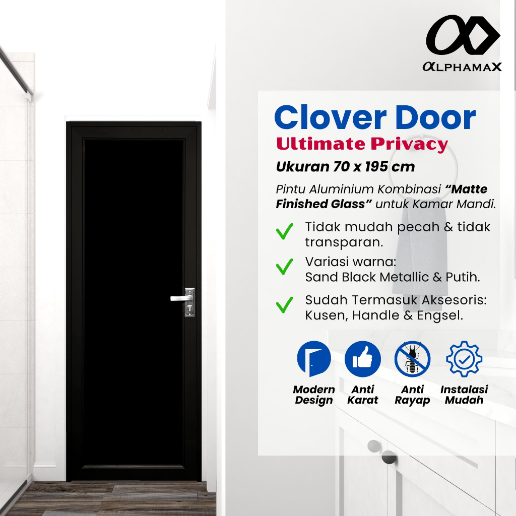 ALPHAMAX Clover - 70 Pintu Rumah Pintu Kamar Mandi Pintu Gudang Pintu Aluminium Kaca Coating 70 x 19