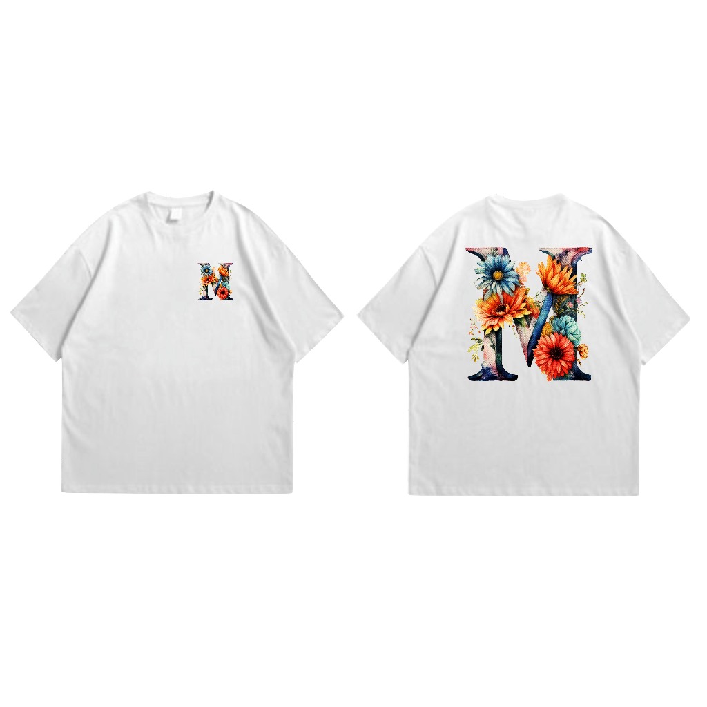 Kaos Inisial Huruf M gambar bunga Bisa Request Huruf