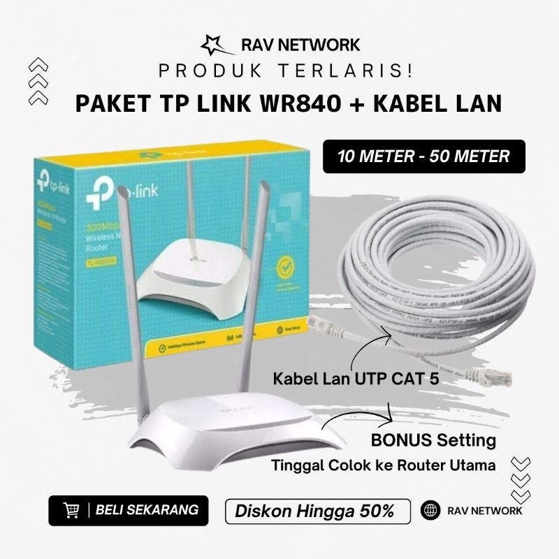 PAKET PARAREL WIFI ROUTER TP LINK WR840 + KABEL LAN SIAP PAKAI
