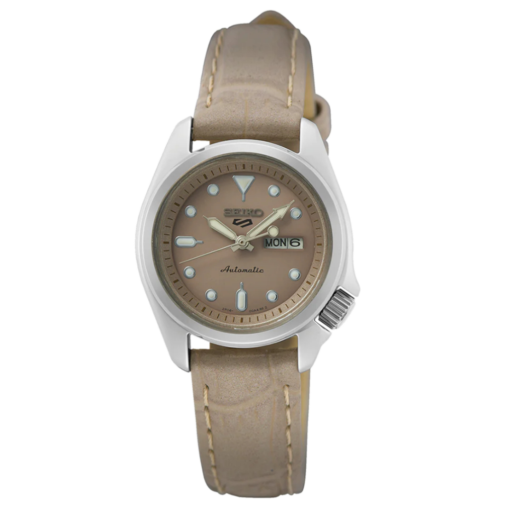 JAM TANGAN WANITA SEIKO SRE005 SRE005K1 ANALOG AUTOMATIC SAND BEIGE LEATHER STRAP