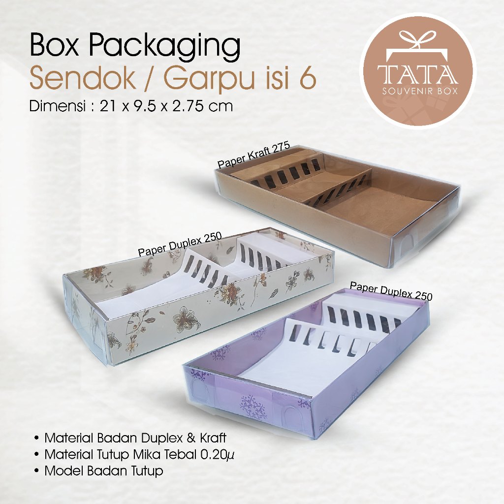 

Paperbox Kemasan Sendok / Garpu Isi 6 Uk. 21,2 x 9,5 x 2,7 cm (Min Order 5 Pcs)