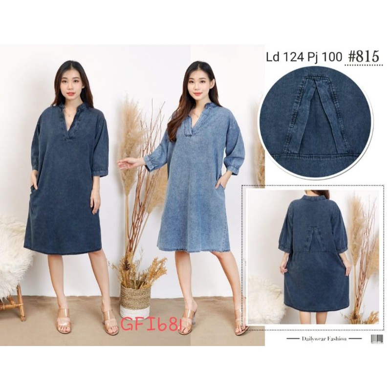 GFI681 DRESS wanita Jeans Denim Polos lengan 3/4 LD125 PJ100 Midi