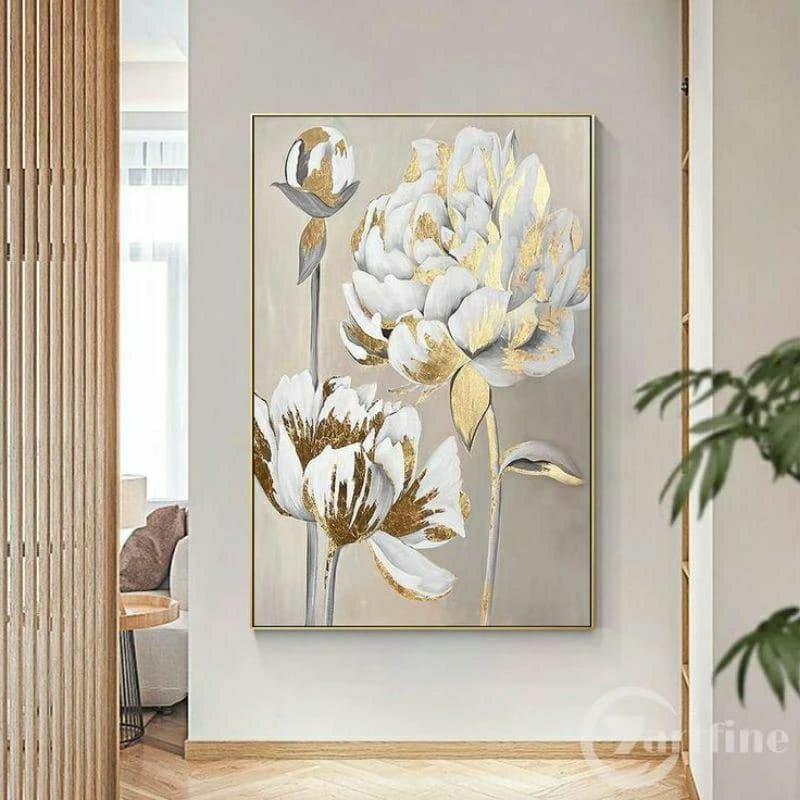 LUKISAN BUNGA MODERN GOLD SILVER 60X80. hiasan dinding modern.  hiasan dinding gold