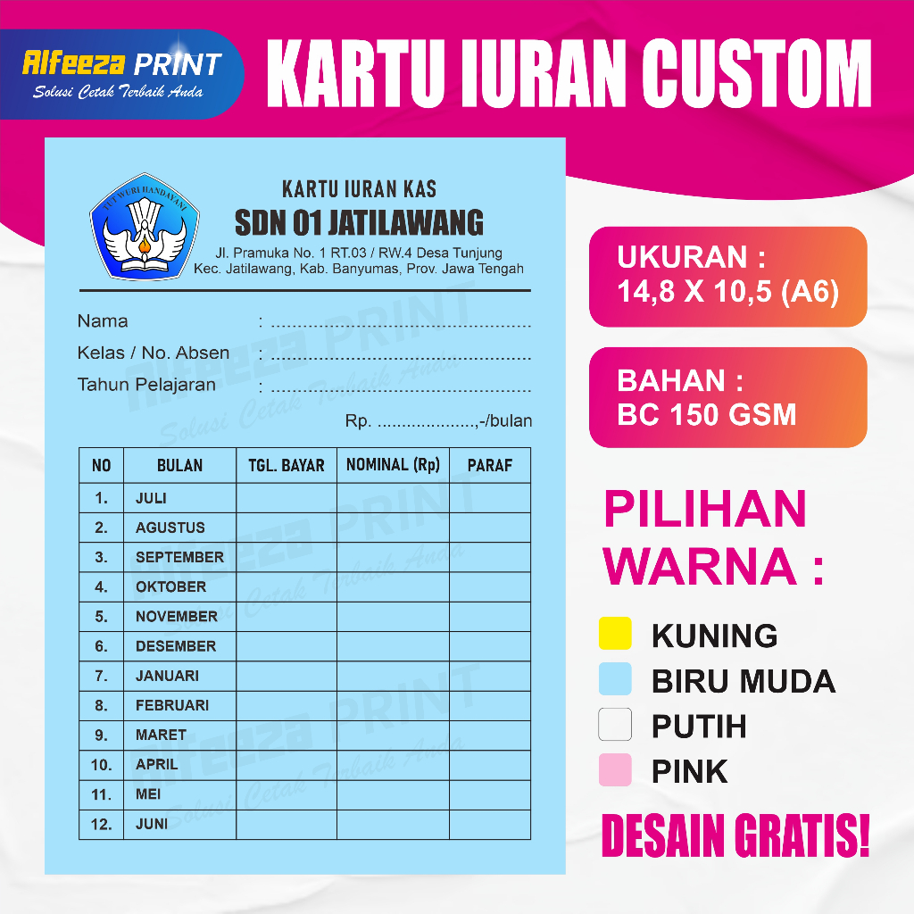 

KARTU PEMBAYARAN l KARTU IURAN KAS l KARTU IURAN CUSTOM l SPP l INFAQ l SYAHRIYAH l IURAN BULANAN l IURAN RT/RW l SAMPAH l DLL