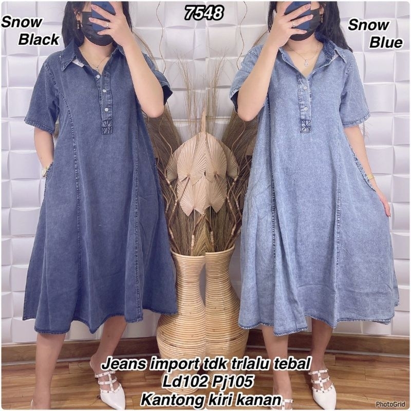 JL 7548 DRESS KERAH BAHAN JEANS TEBAL IMPORT