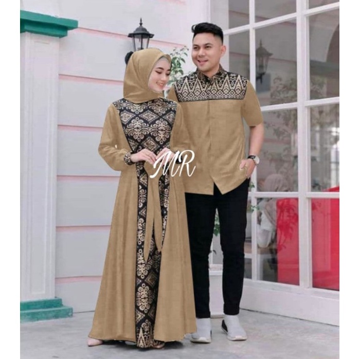 KODE S4Q Gamis Batik Kombinasi Polos Terbaru 222 Modern Couple Baju Muslim Pasangan Berkualitas Mura
