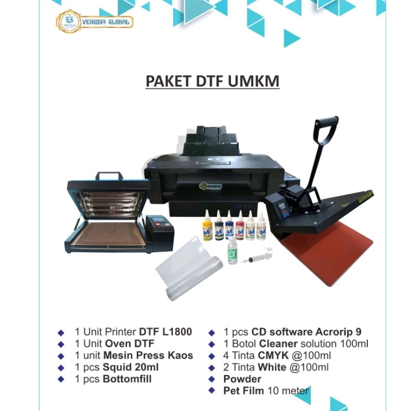 Paket Usaha Mesin Sablon DTF A3 Roll | Printer Sablon DTF Tinta CMYK-WW | Oven | Mesin Press Kaos