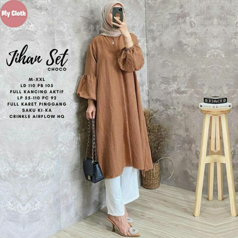 JIHAN SET SETELAN TUNIK CELANA KULOT CRINKLE LD 110 JUMBO XL