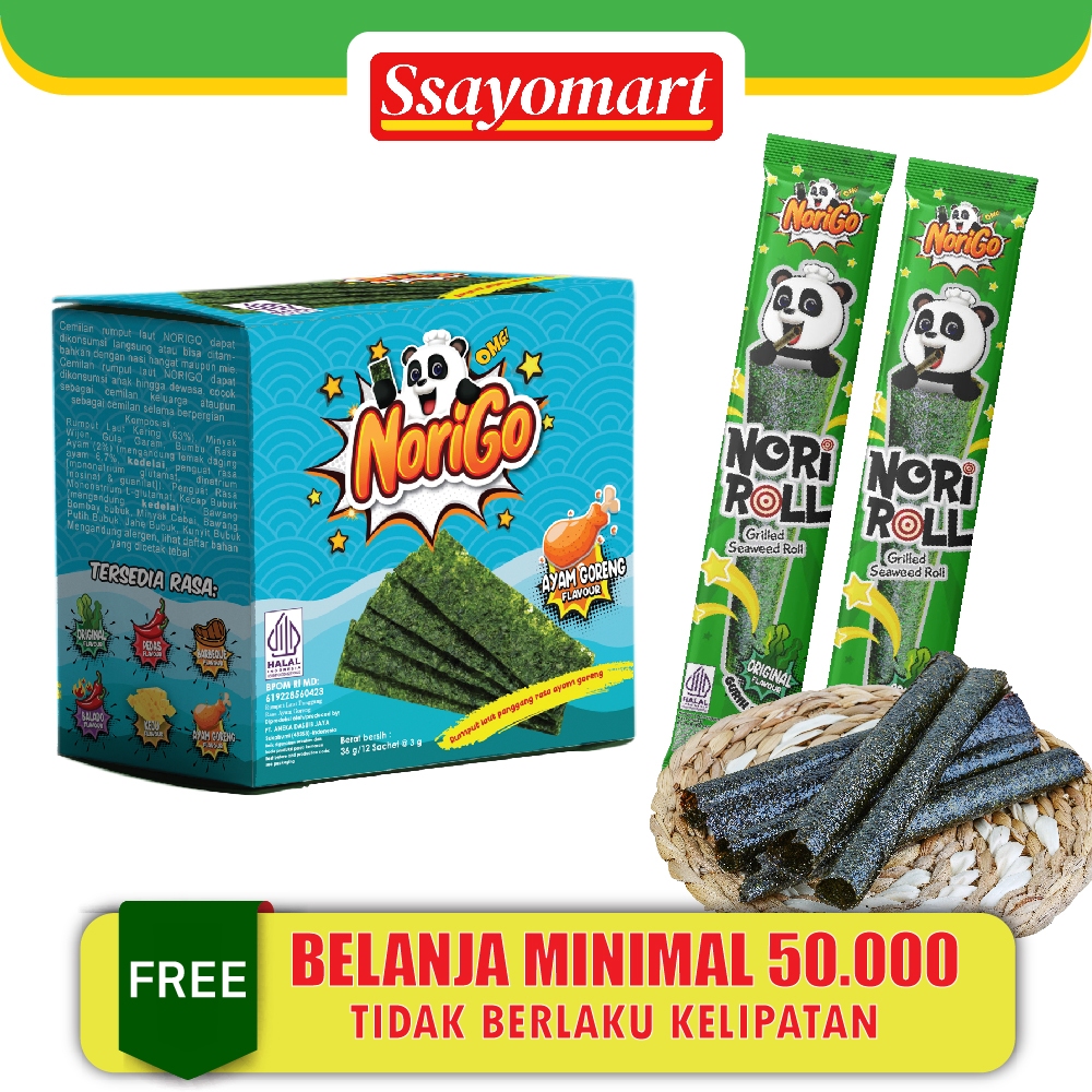 

Norigo Ayam Goreng (1 DUS ISI 60 PCS) FREE 10 PCS / Nori Sachet Seaweed Snack 3g Rumput Laut Halal Rasa Ayam Goreng