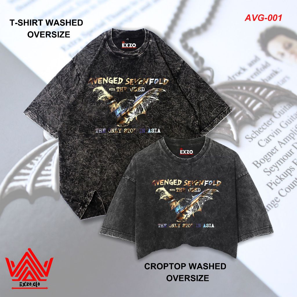 EXZO COUPLE AVENGED SEVENFOLD TOUR WASHED/BLACK/WHITE TSHIRT/CROPTOP OVERSIZE AVENGED SEVENFOLD