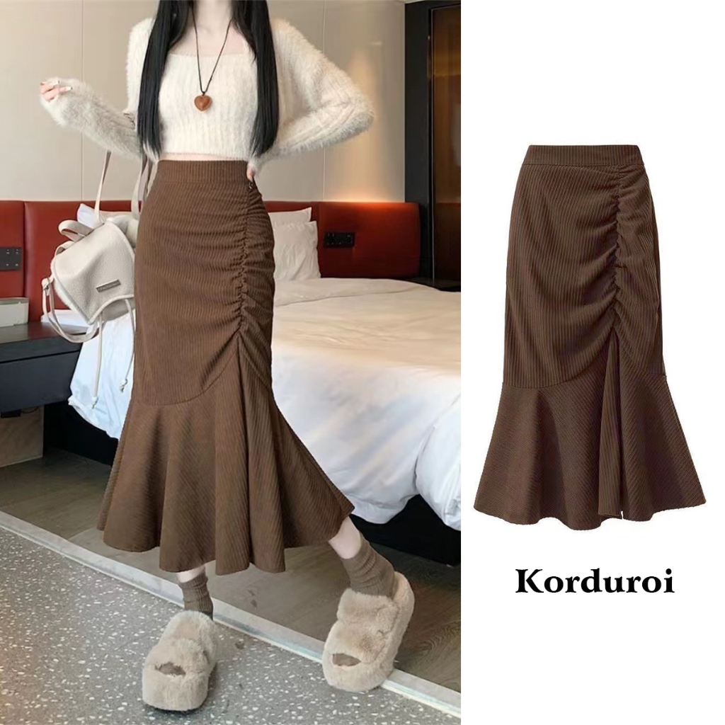 【wanita_id】rok korean style rok corduroy rok plisket rok coklat vintage rok midi rok wanita kekinian