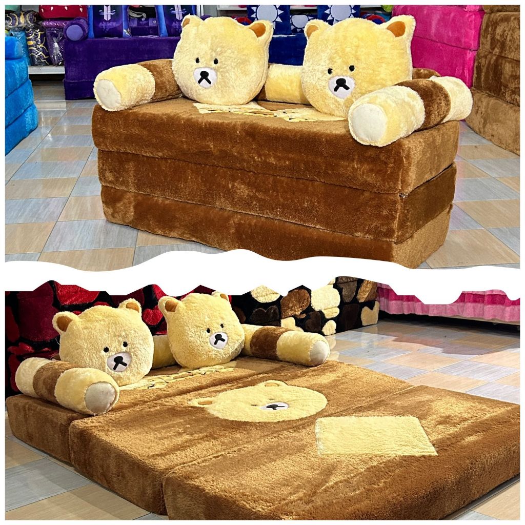 Sofa Bed Bulu Rasfur / Kasur Lipat Busa Karakter Motif Bear Beruang 150x200x20cm