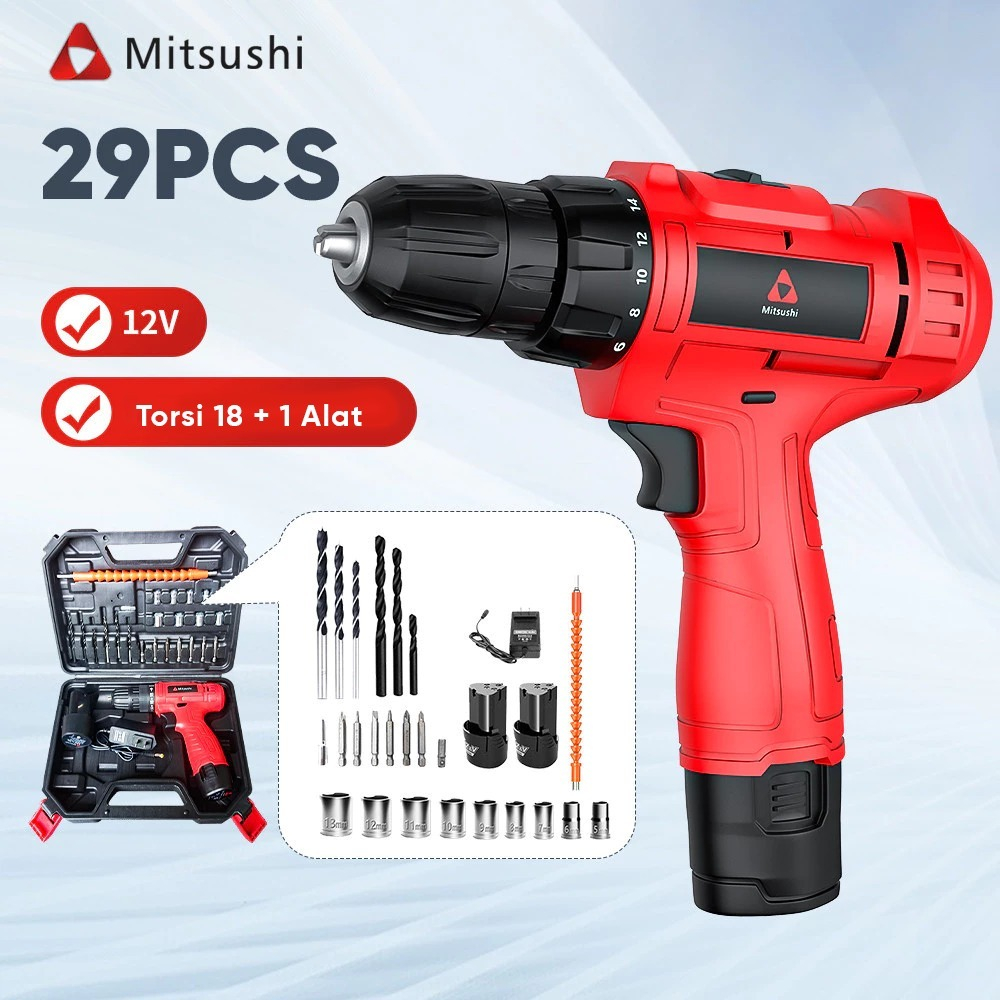 Mitsushi 12V Mesin Bor Baterai Tangan Cordless Dengan 2 Baterai