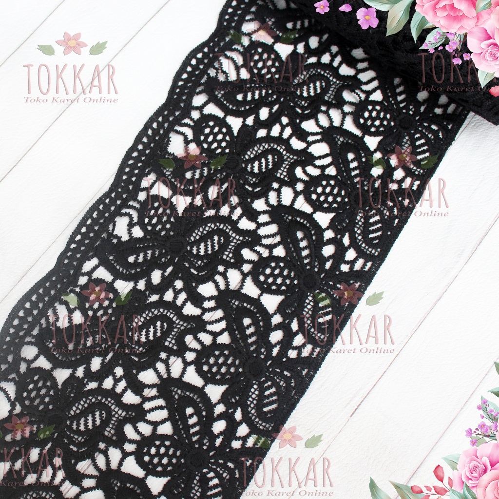 (Per Meter) RDB548 Renda Bordir Prada Hitam Motif Cantik Lebar 15Cm