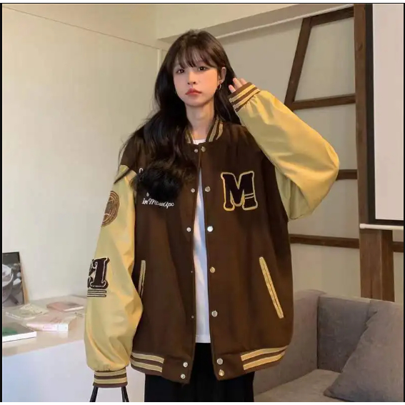 S-XXXXXXL(6XL) JAKET VARSITY BASEBALL VINTAGE BIG SIZE JUMBO FLEECE GRAMASI 280 COKLAT KOMBINASI BEI
