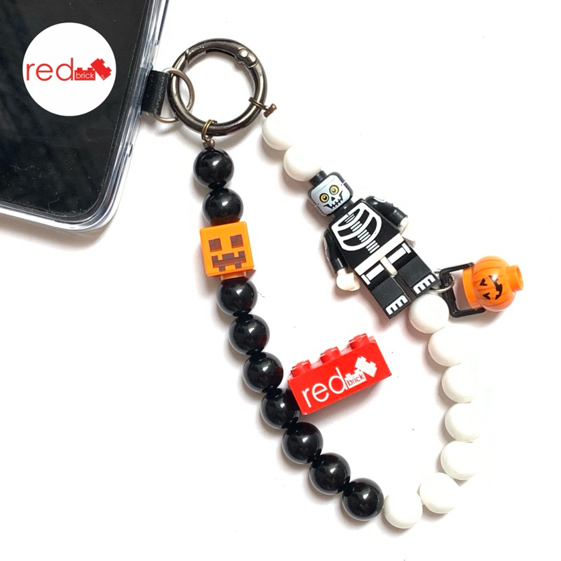 LEGO Skeleton Guy Phone Strap / Bagcharm with Onyx Stone / Bead