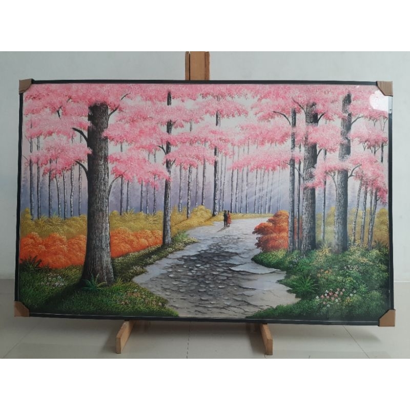 LUKISAN ABSTRAK PASANGAN KEKASIH DAN BUNGA SAKURA BISA CUSTOM KAIN KANVAS TERBAIK MARSOTO CAT AKRILI