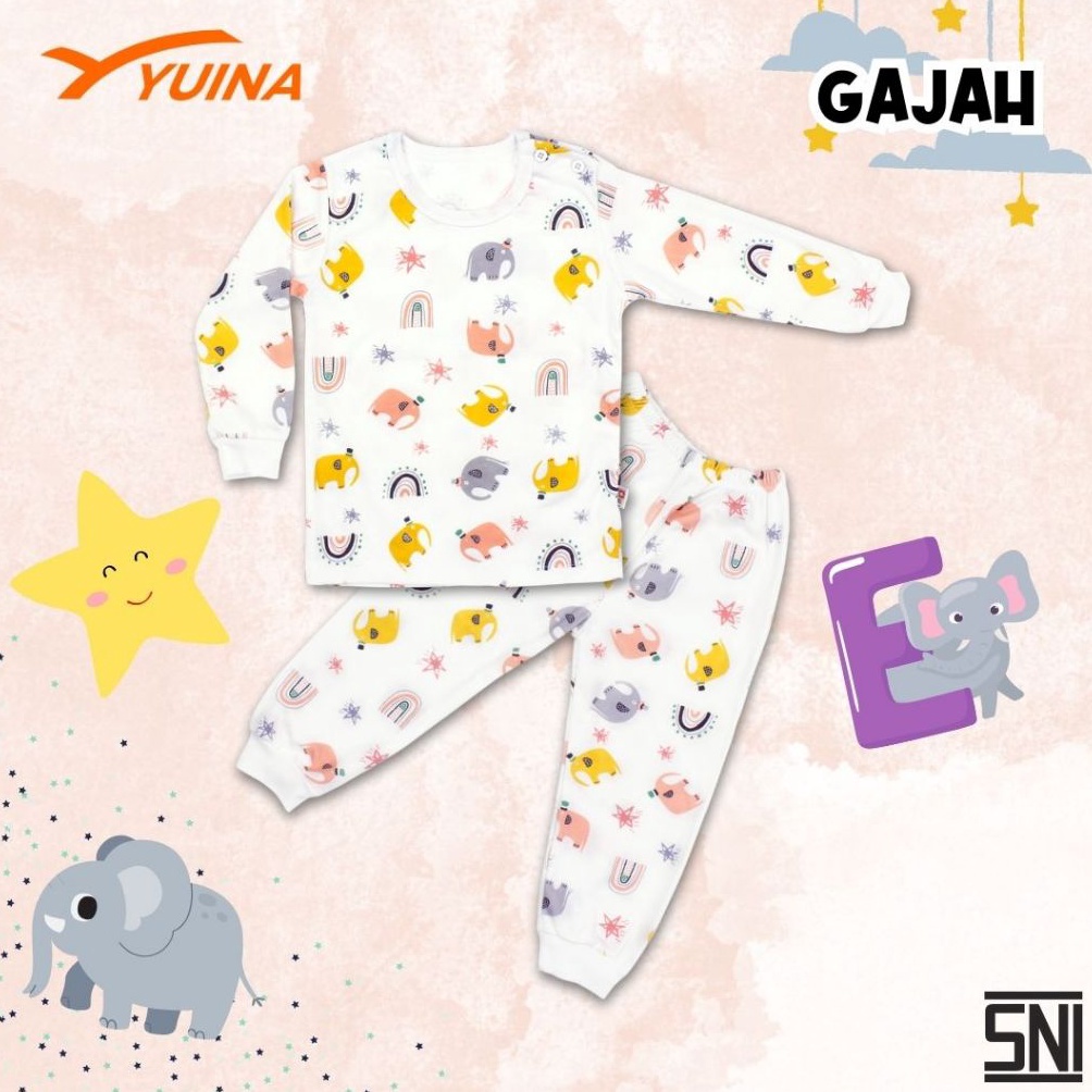 ART E84B Yuina Piyama Set Lengan Panjang Baju Tidur Bayi dan Anak Unisex Motif Gajah Bahan Katun