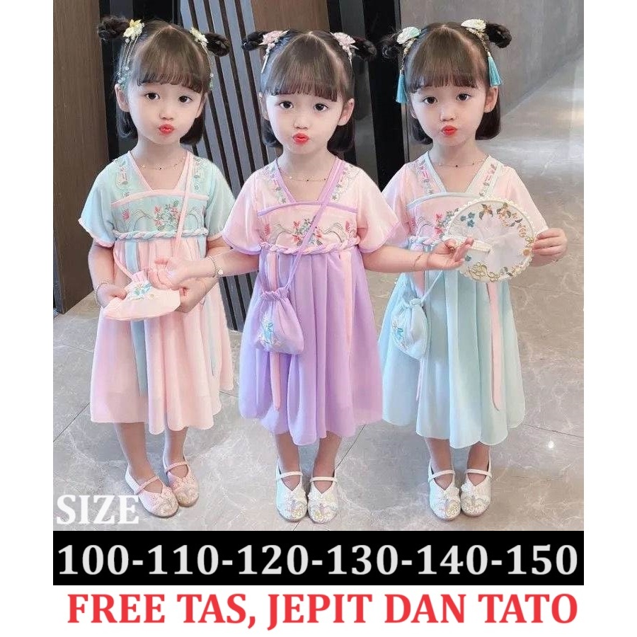 Dress Terusan Cheongsam FREE TAS anak perempuan size 100 110 120 130 140 150 pink ungu biru hijau to