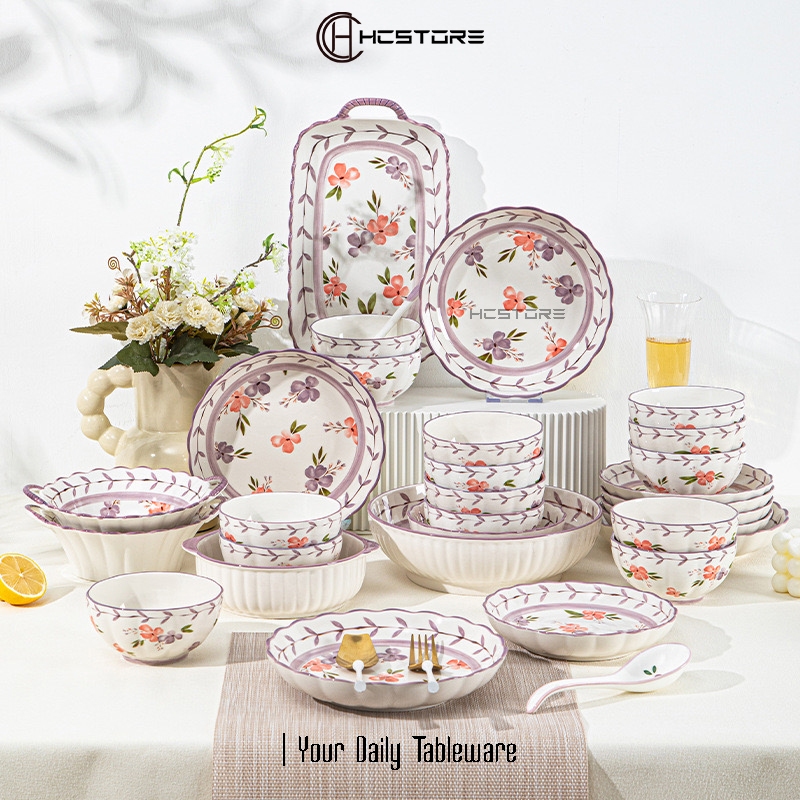 HCSTORE PIRING KERAMIK MAKAN MOTIF PURPLE FLOWERS PIRING AESTHETIC JEPANG KOREA COCOK BUAT PLATING S