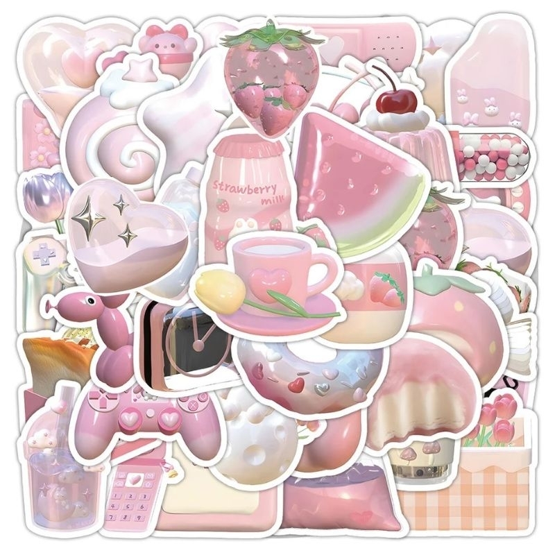 

63pcs Sticker Pink Dream Kawaii 3D Waterproof Stiker HP Aesthetic Laptop Koper Tahan Air