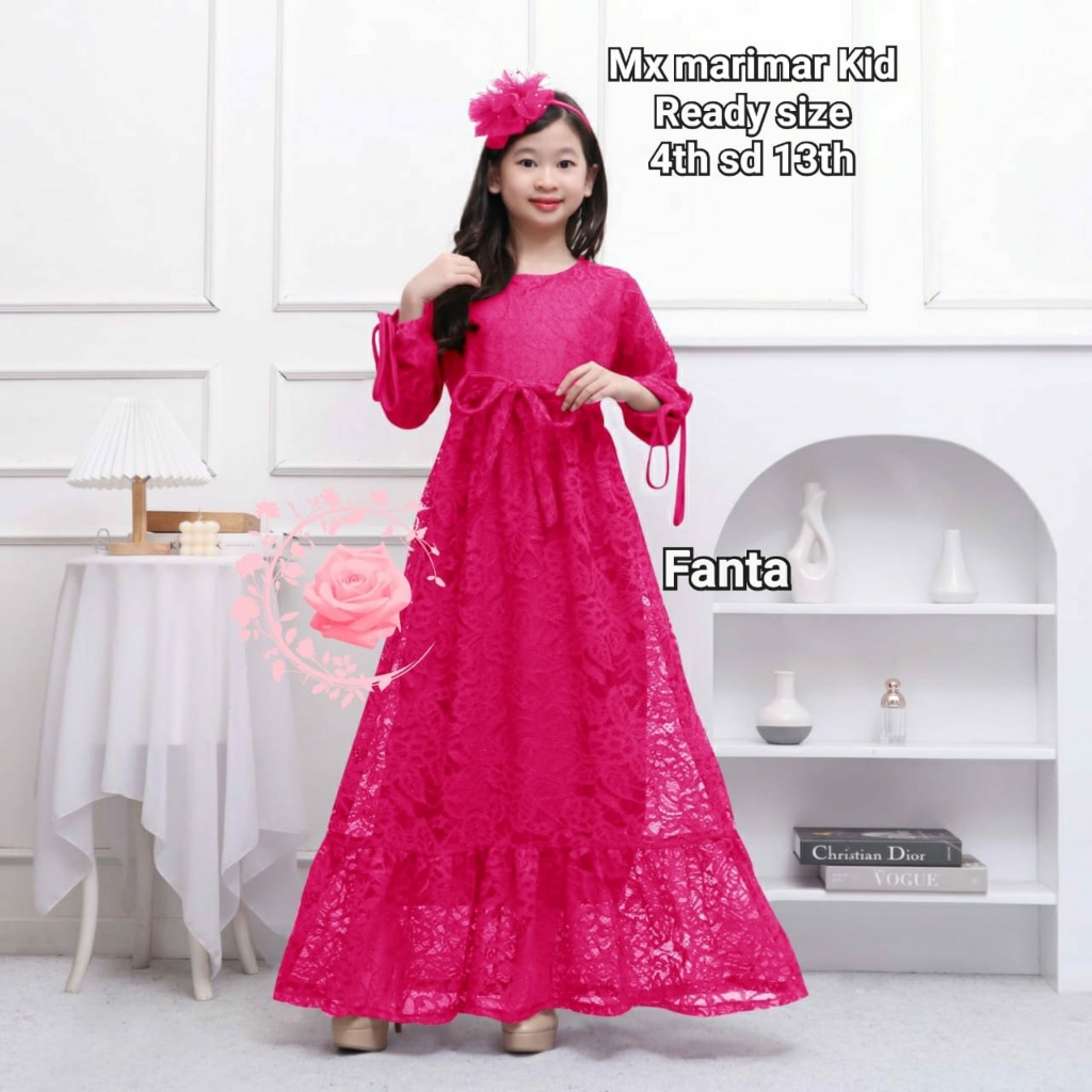 Dress anak perempuan muslim bahan brukat panjang anak usia 4-13 tahun marimar gaun anak