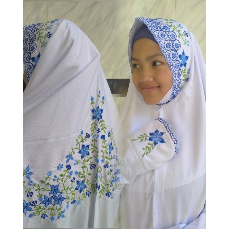 Mukena Almukhtar bordir halus bahan sutra nik nik ukuran remaja model lajuran