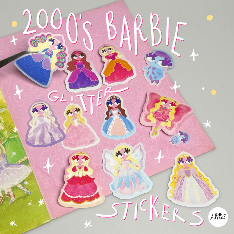 

Barbie 2000s Nostalgia Glitter Diecut Sticker Swan Lake Princess and The Pauper Magic of The Pegasus Rapunzel