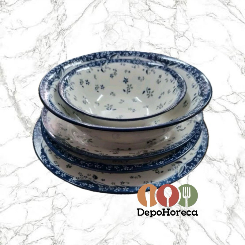 Formia Keramik Putih Dengan Motif Daun Daffodil Biru / Piring Makan Dalam Ceper / Dinner Plate / Man