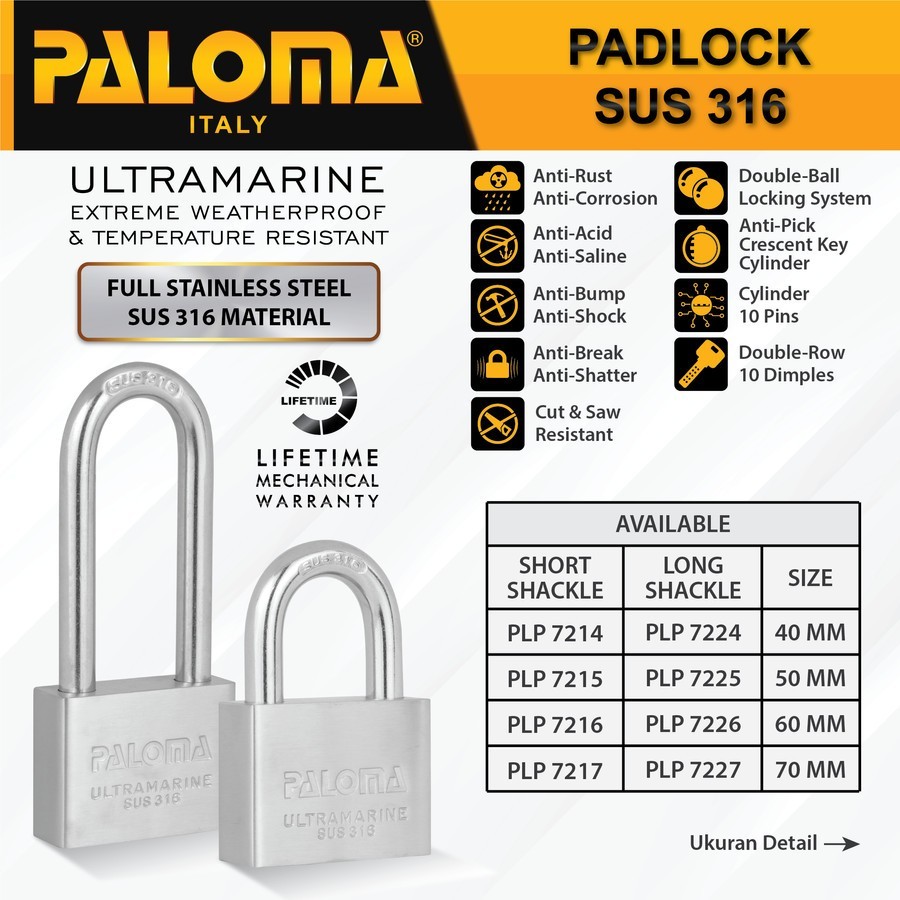 PALOMA PLP 7225 GEMBOK ULTRAMARINE SUS 316 50MM BODY - LONG SHACKLE