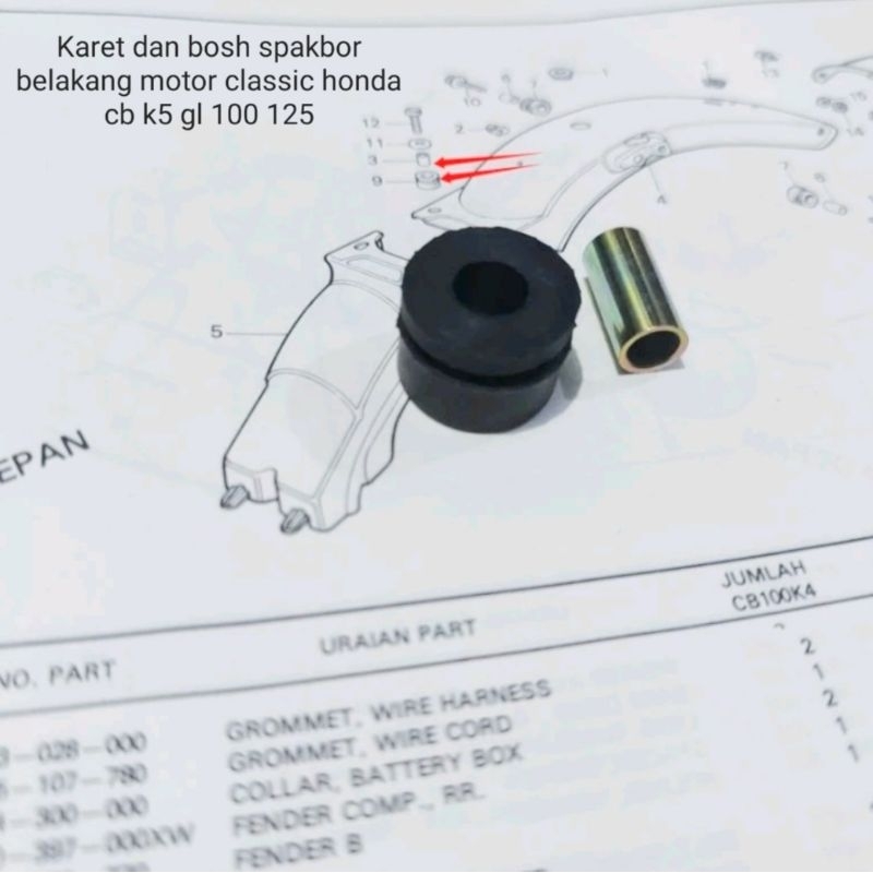 KARET DAN BOSH SET UNTUK SPAKBOR BELAKANG MOTOR CLASSIC HONDA CB K5 GL 100 125 TERLARIS
