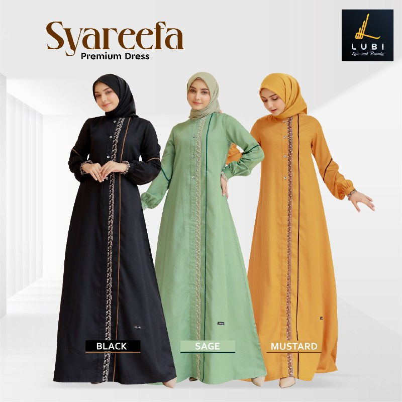 BAJU GAMIS TERBARU LUBI PREMIUM DRESS SYAREEFA BLACK SAGE MUSTARD COD DAN GERATIS ONGKIR | SEPLY LUB