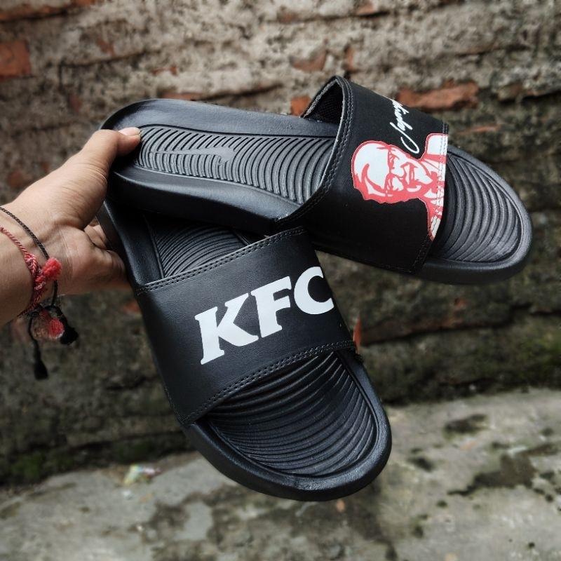 Sandal KFC black white, sandal slide pria, sandal slop pria