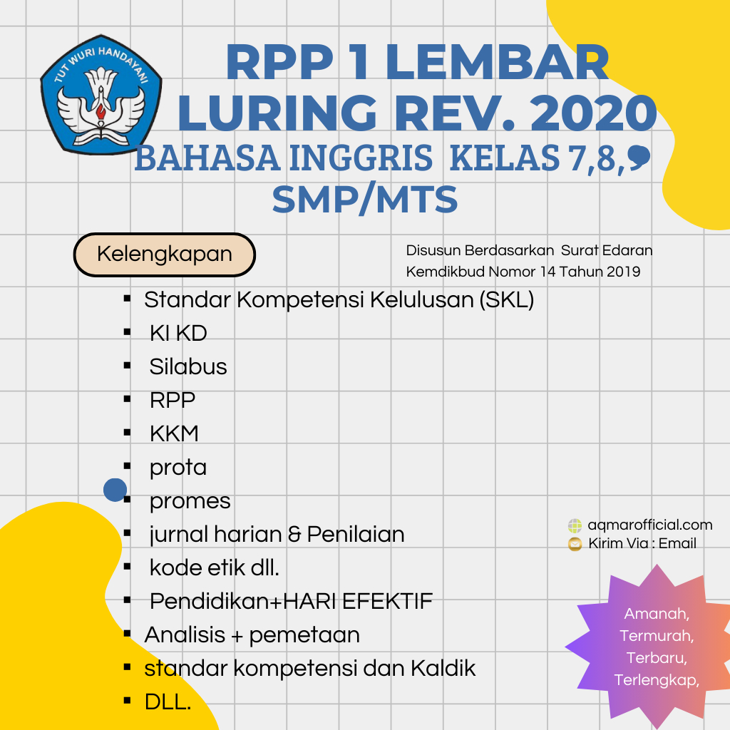 RPP 1 LEMBAR BAHASA INGGRIS KELAS 7,8,9 SMP/MTS KURIKULUM 2013