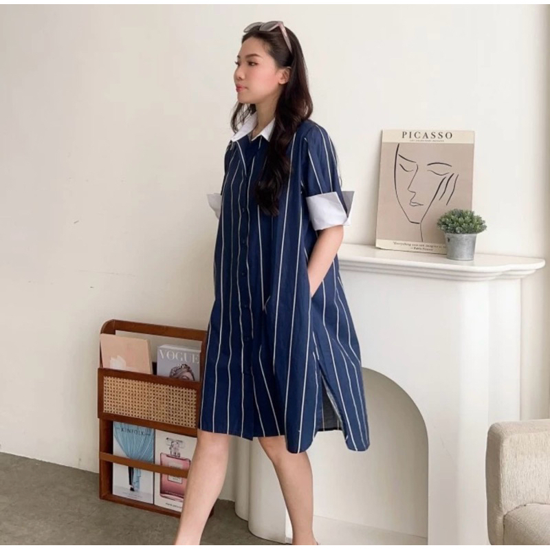 Grace Shirtdress Stripe Shirt Dress Navy Blue Sophia Alice