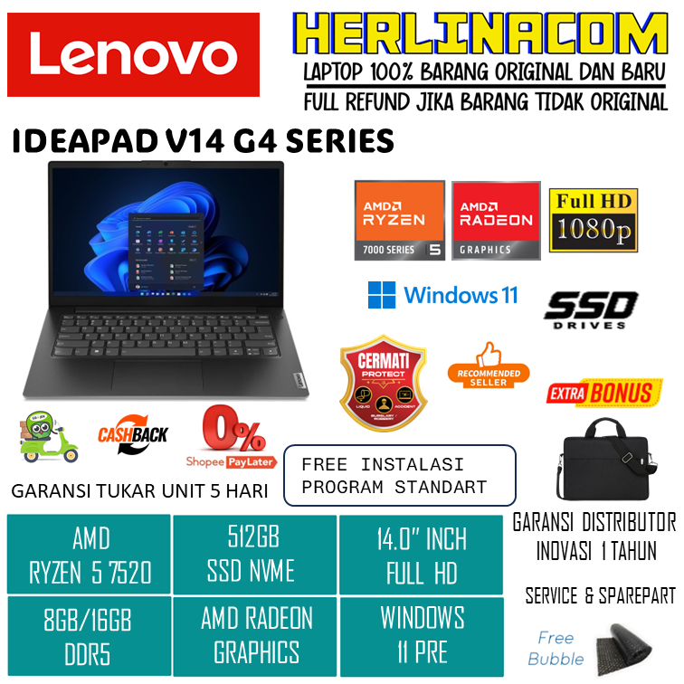 Laptop Lenovo V14 G4 Amd Ryzen 5 7520 16GB 512GB ssd Windows 11 14.0FHD