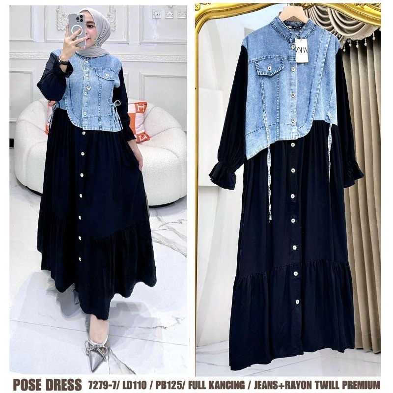 Pose Dress warna biru kombinasi hitam black Maxi gamis cewek bahan Jeans wash mix Rayon twill premiu